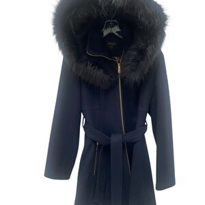 Shelli Segal Women’s Wool Navy Wrap Coat With Hood Size Med Full Zip Warm